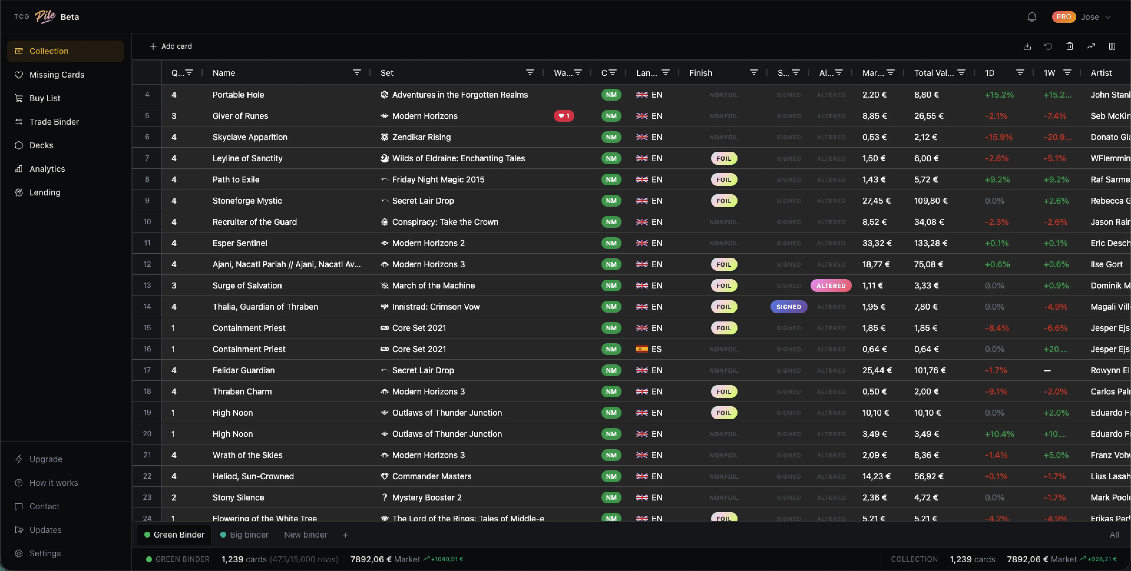 tcgpile collection grid